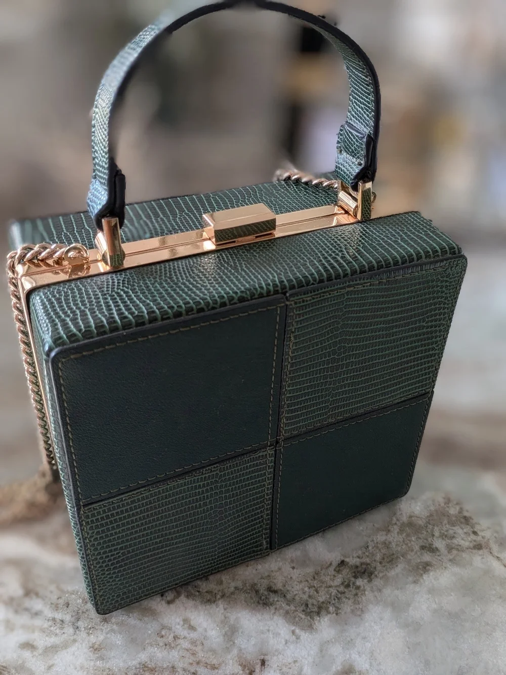 Topshop Dark Green Patchwork Box Satchel with Gold Chain